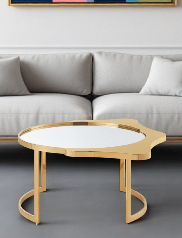 HomeRoots 32" Round Mirrored Coffee Table with Elegant Glass Top and Sturdy Stainless Steel Frame for Modern Spaces Gold 528847