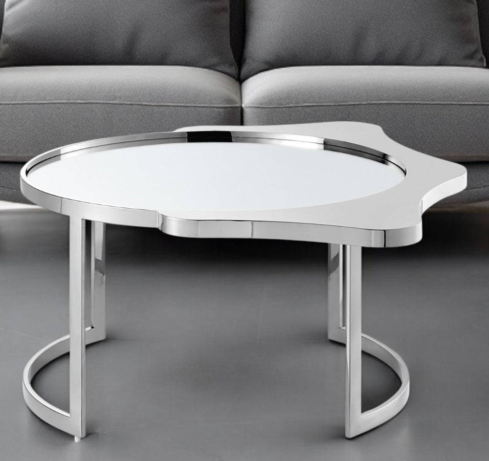 HomeRoots 32" Round Mirrored Coffee Table with Elegant Glass Top and Sturdy Stainless Steel Frame for Modern Spaces Chrome 528848