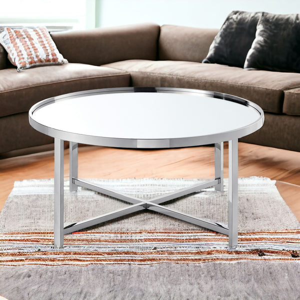 Homeroots 32" Silver Glass And Stainless Steel Round Mirrored Coffee Table Chrome  528850