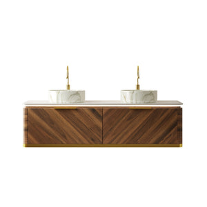 English Elm Dipa 60" Floating Bathroom Vanity Set With Dual Ceramic Sinks, Sintered Stone Top & Led Lighting W2615S00486