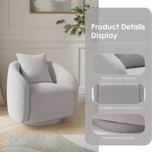 English Elm Swivel Barrel Armchair in Teddy Fabric with Lumbar Pillow and Solid Wood Legs Gray T3623P430693