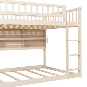 English Elm Full Over Bunk Bed with Led Lighting Pegboard Shelving and Pine Wood Frame Beige LT000278AAA