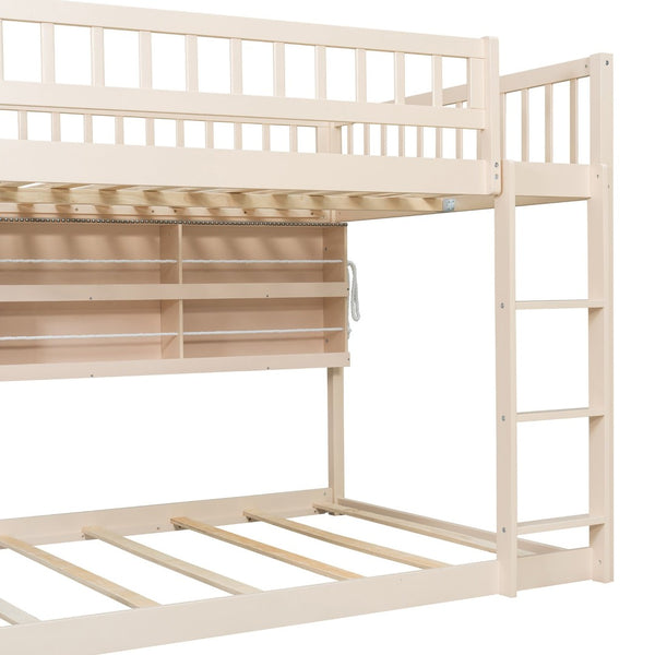 English Elm Full Over Bunk Bed with Led Lighting Pegboard Shelving and Pine Wood Frame Beige LT000278AAA