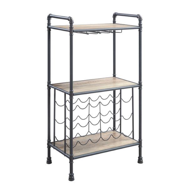 English Elm Brantley Industrial Wood and Metal Three Tier Wine Rack with Integrated Glass Holder B2726P256296