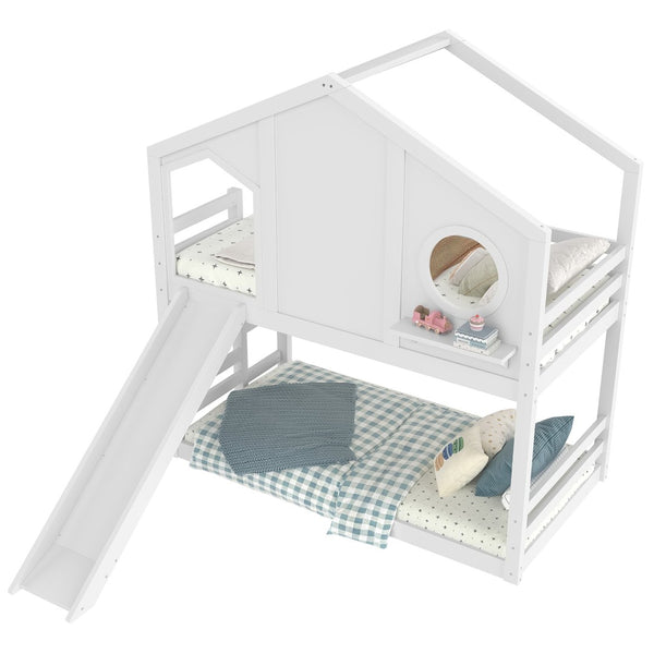 English Elm Full Bunk Bed with Trundle Bookshelf Storage Pine Frame Car Design for Kids Light White W1580S00464