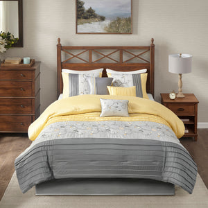 English Elm Embroidered 7-Piece Comforter Set In Elegant Yellow & Gray For Cal King - Luxurious Floral Design! B03596982