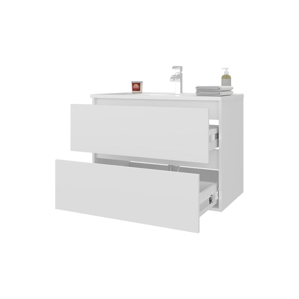 English Elm White Floating Vanity Wall-Mounted with Two Deep Drawers and Integrated Sink — Bright Sleek Modern Storage B062P355537