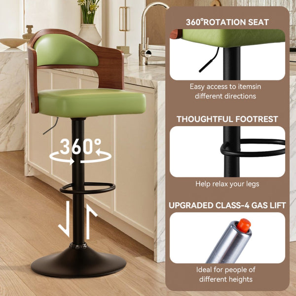 English Elm Swivel Bar Stools Set Of 2 - Adjustable Height, Stylish Green Pu Leather Upholstery For Comfort T3950P394220-GIGA