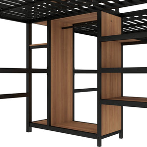 English Elm Twin Metal Loft Bed with Study Desk Wardrobe Shelving and Outlet for Kids Rooms Natural Wood W1580S00372