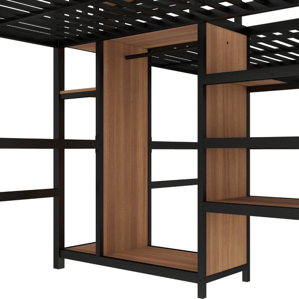 English Elm Twin Metal Loft Bed with Study Desk Wardrobe Shelving and Outlet for Kids Rooms Natural Wood W1580S00372