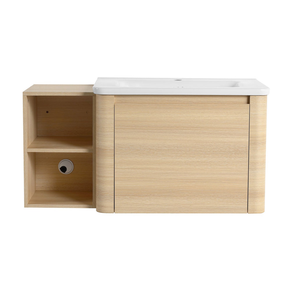 English Elm 40'' Wall-Mounted Bathroom Vanity with White Ceramic Sink, Plywood Shelves, Soft-Close Door, Oak Finish W999S00482
