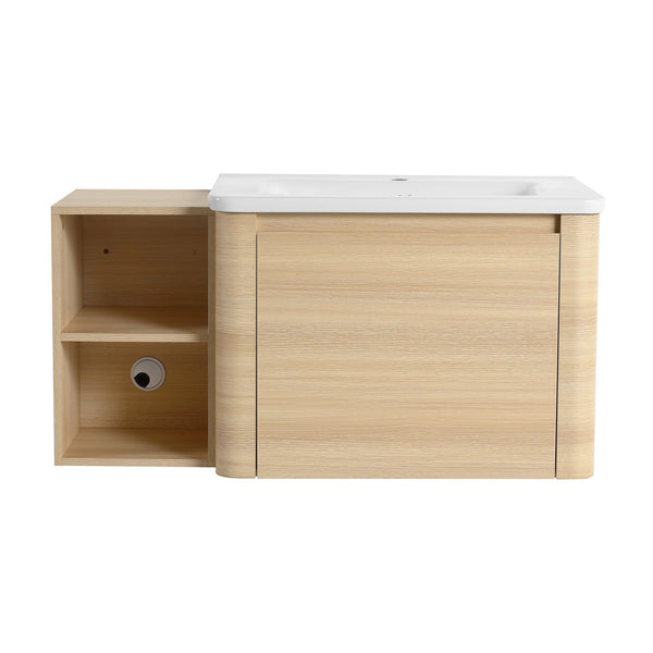 English Elm 40'' Wall-Mounted Bathroom Vanity with White Ceramic Sink, Plywood Shelves, Soft-Close Door, Oak Finish W999S00482