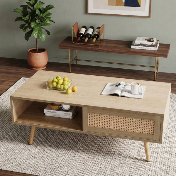 English Elm 41.34" Woven Rattan Coffee Table with Sliding Storage Door and Solid Wood Legs W126573113