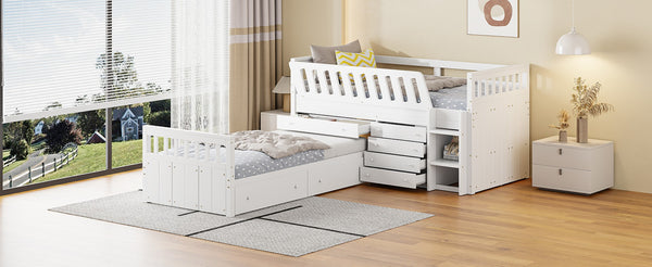 English Elm L-shaped Twin Loft Platform Bed with 7 Drawers Full Guardrails Kids White Pine LT000853AAK