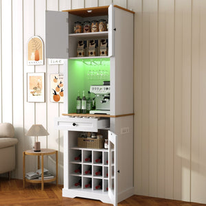 English Elm Bar Cabinet Farmhouse 69 Inch with Rgb Led Barn Door Wine Rack and Charging Station White N728P438603W