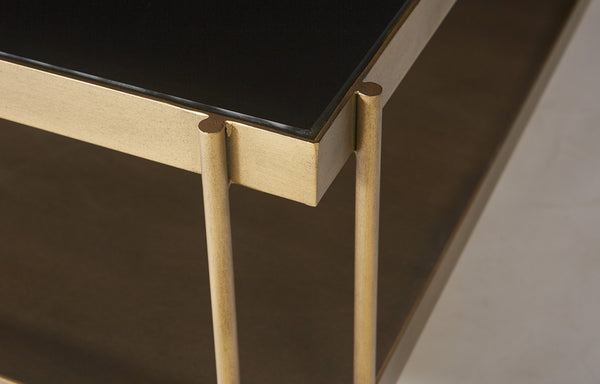 Sunpan Finch Coffee Table - Stunning Mid-Century Design with Black Glass Top & Antique Brass Shelf, 40" Square