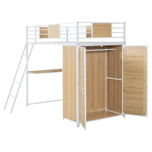 English Elm Twin Loft Bed with L-Shaped Desk and Wardrobe — Space-Saving Iron & Wood Design for Study & Storage White SF000168AAK
