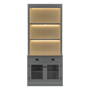 English Elm 83.4"tall Two-piece Bookcase Suite with Led Shelves Tempered Glass Doors Matte Black N751S059521K