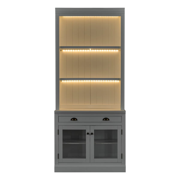 English Elm 83.4"tall Two-piece Bookcase Suite with Led Shelves Tempered Glass Doors Matte Black N751S059521K