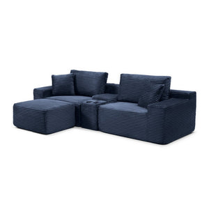 English Elm Modular Cloud Sectional Sofa with Corduroy Deep Seating Usb Ports and Storage Ottoman Blue W1117S00362