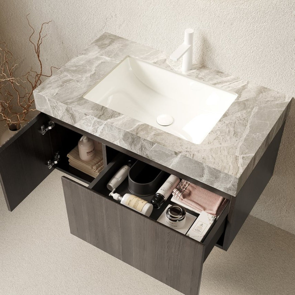 English Elm Muri Floating Bathroom Vanity Plywood Cabinet Sintered Stone Top Oak Drawer W2615S00588