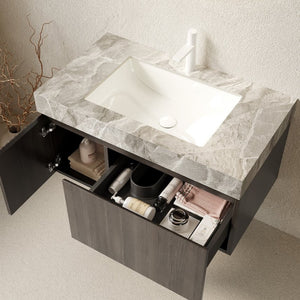 English Elm Muri Floating Bathroom Vanity Plywood Cabinet Sintered Stone Top Oak Drawer W2615S00588