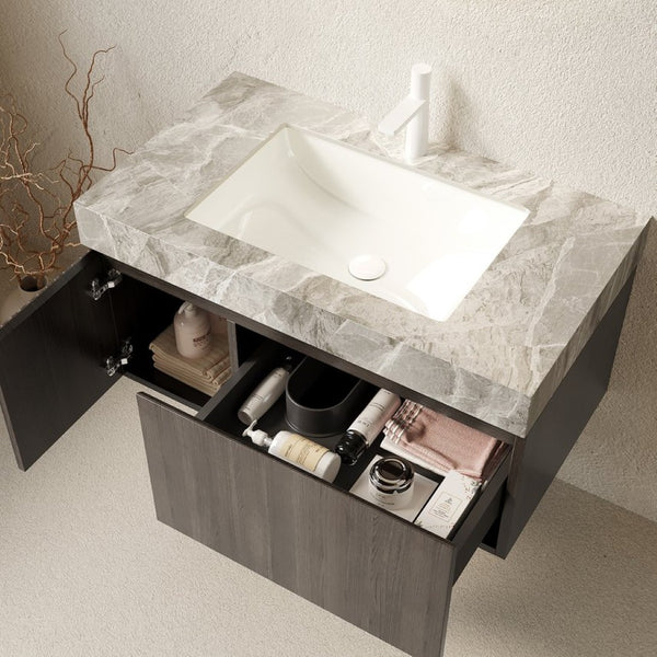 English Elm Muri Floating Bathroom Vanity Plywood Cabinet Sintered Stone Top Oak Drawer W2615S00588