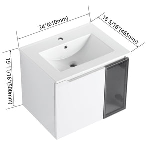 English Elm 24" Floating Bathroom Vanity Glossy White Plywood Cabinet Ceramic Sink Soft Close W999S00523