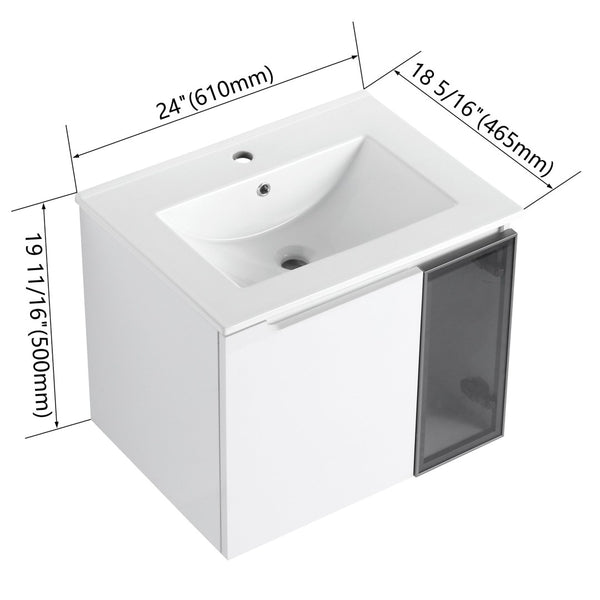 English Elm 24" Floating Bathroom Vanity Glossy White Plywood Cabinet Ceramic Sink Soft Close W999S00523