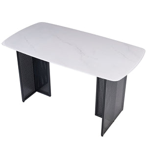 English Elm Modern-style Marble Glass Dining Table Seats Six with Sleek Black Metal Legs W5123P397511