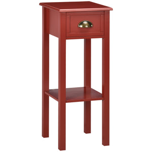 English Elm HOMCOM Narrow 2-Tier Side Table with Drawer and Elevated Shelf — Slim Accent End Table, Sturdy Storage Red W2225P200906