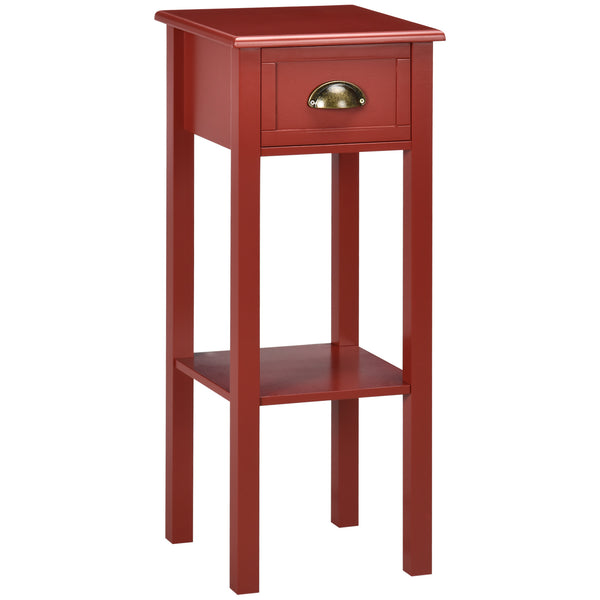 English Elm HOMCOM Narrow 2-Tier Side Table with Drawer and Elevated Shelf — Slim Accent End Table, Sturdy Storage Red W2225P200906