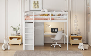 English Elm Wood Full Size Loft Bed with Built-In Desk, Wardrobe, Shelves & Drawers for Space-Saving Rooms White GX000466AAK