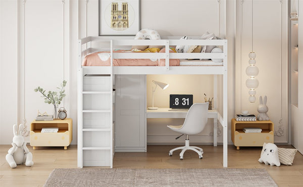 English Elm Wood Full Size Loft Bed with Built-In Desk, Wardrobe, Shelves & Drawers for Space-Saving Rooms White GX000466AAK