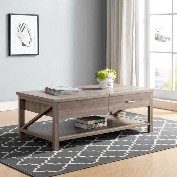 Homeroots 47" Taupe Wood Lift Top Coffee Table With Drawer And Shelf   529092