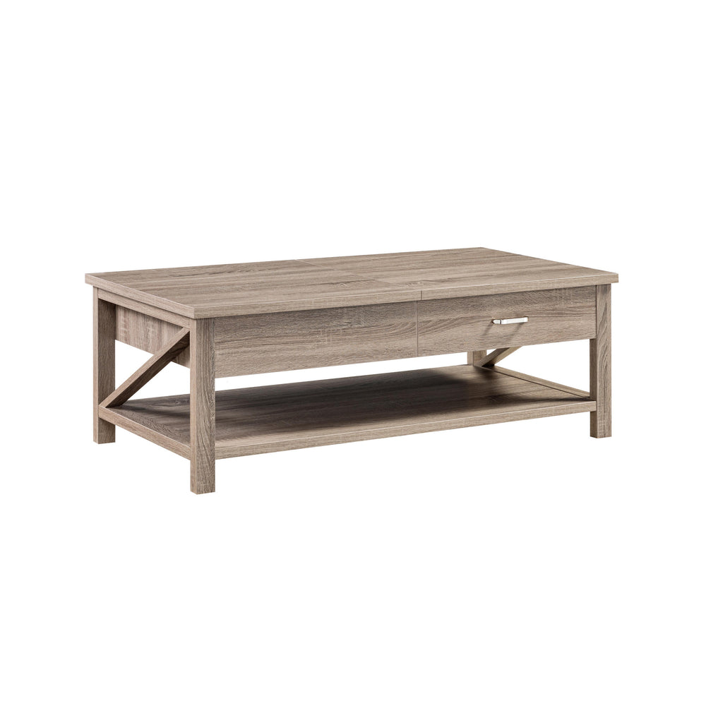 Homeroots 47" Taupe Wood Lift Top Coffee Table With Drawer And Shelf   529092