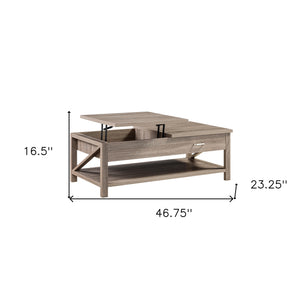 Homeroots 47" Taupe Wood Lift Top Coffee Table With Drawer And Shelf   529092
