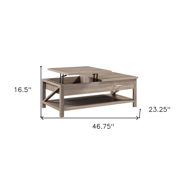 Homeroots 47" Taupe Wood Lift Top Coffee Table With Drawer And Shelf   529092
