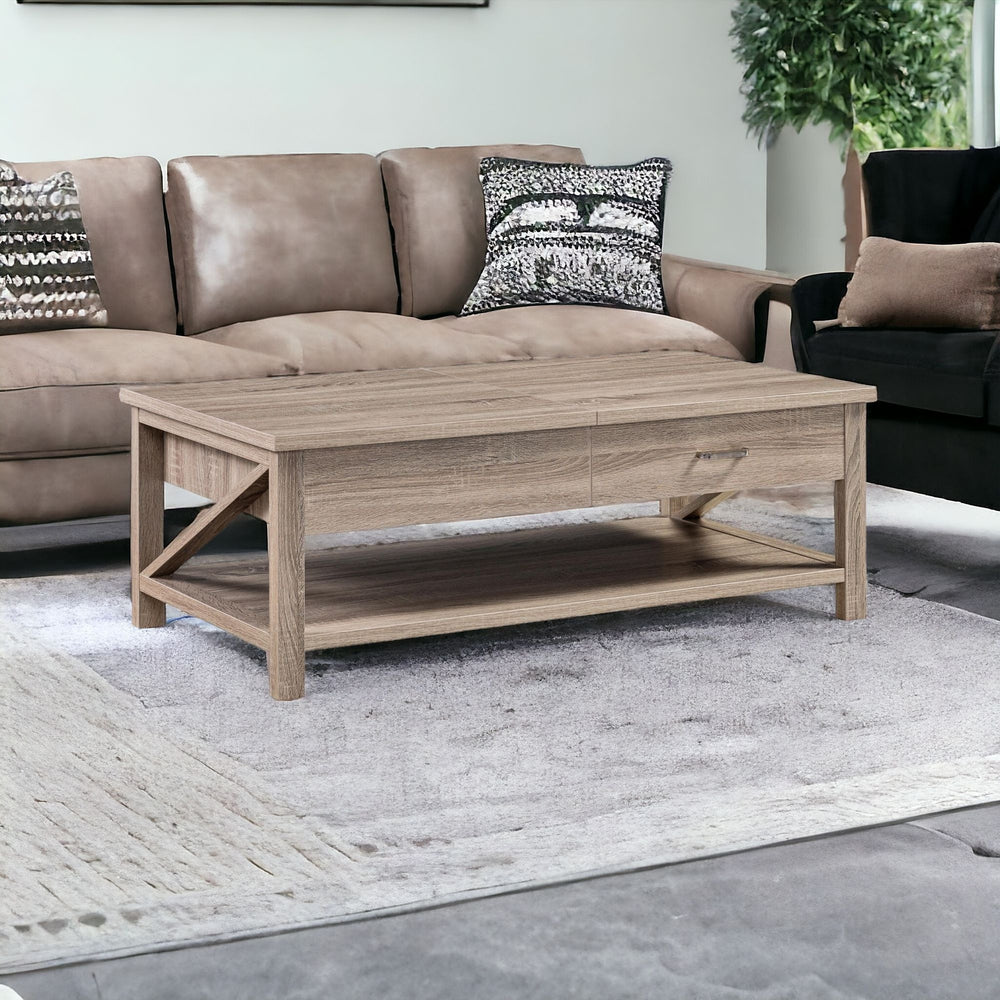 Homeroots 47" Taupe Wood Lift Top Coffee Table With Drawer And Shelf   529092
