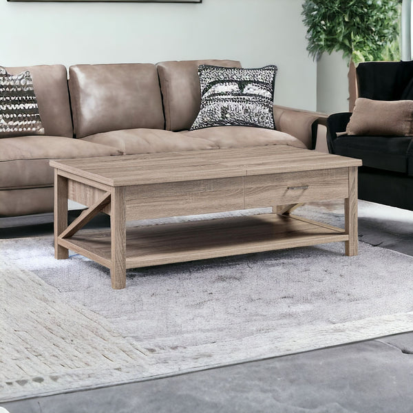 Homeroots 47" Taupe Wood Lift Top Coffee Table With Drawer And Shelf   529092