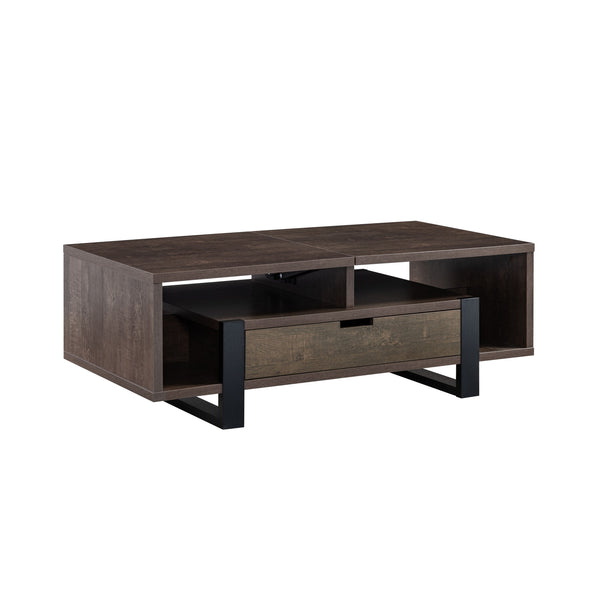 Homeroots 47" Brown And Black Wood Lift Top Coffee Table With Drawer And Shelf   529093