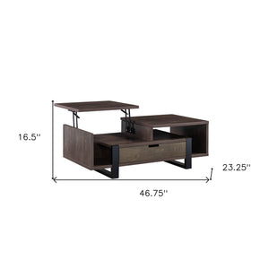 Homeroots 47" Brown And Black Wood Lift Top Coffee Table With Drawer And Shelf   529093