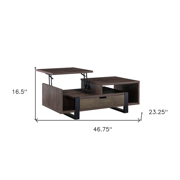 Homeroots 47" Brown And Black Wood Lift Top Coffee Table With Drawer And Shelf   529093