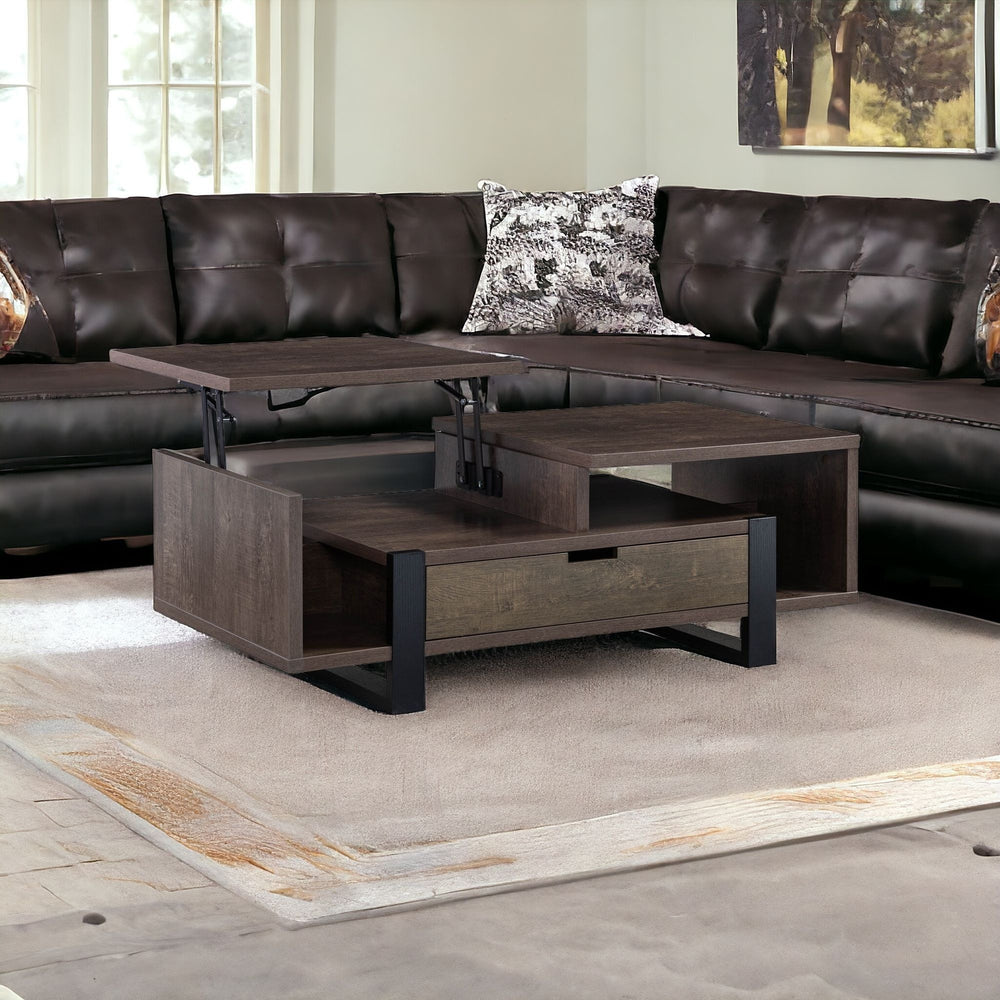 Homeroots 47" Brown And Black Wood Lift Top Coffee Table With Drawer And Shelf   529093