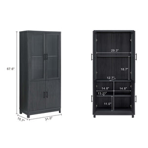 English Elm Jodie Elegant 31" Bookcase Cabinet with 6 Adjustable Shelves, Glass Display Doors & Metal Handles Charcoal grey B365P397894