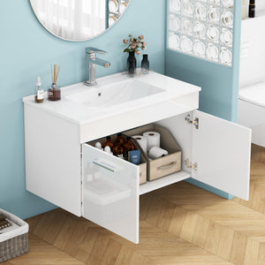 English Elm 32-Inch Wall-Mounted Bathroom Vanity With Ceramic Sink, Soft-Close Doors & Modern Glossy Finish W3151S00026