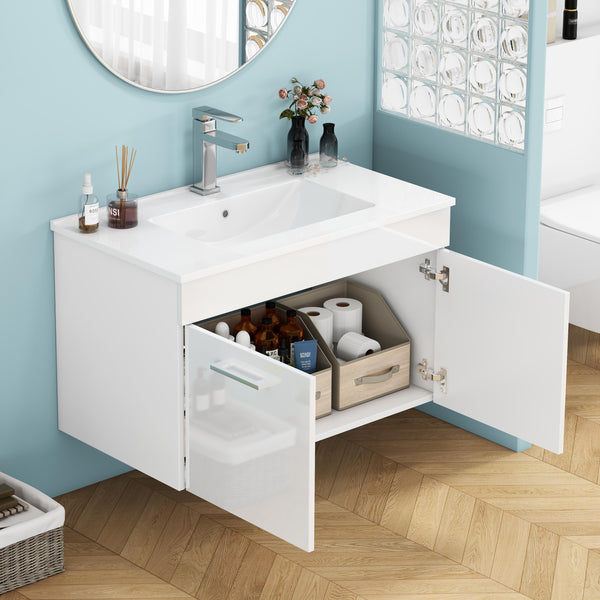 English Elm 32-Inch Wall-Mounted Bathroom Vanity With Ceramic Sink, Soft-Close Doors & Modern Glossy Finish W3151S00026