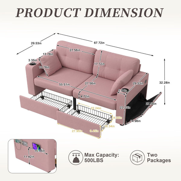 English Elm Sofas for Living Room Chenille Three Seat Couch with Usb Charging Storage and Cup Holder Pink W395S00147