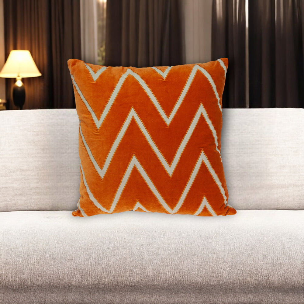 Homeroots 22" Beige And Orange Zigzag Cotton Throw Pillow With Embroidery, Applique   529206