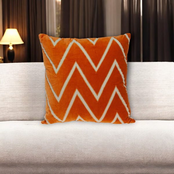 Homeroots 22" Beige And Orange Zigzag Cotton Throw Pillow With Embroidery, Applique   529206